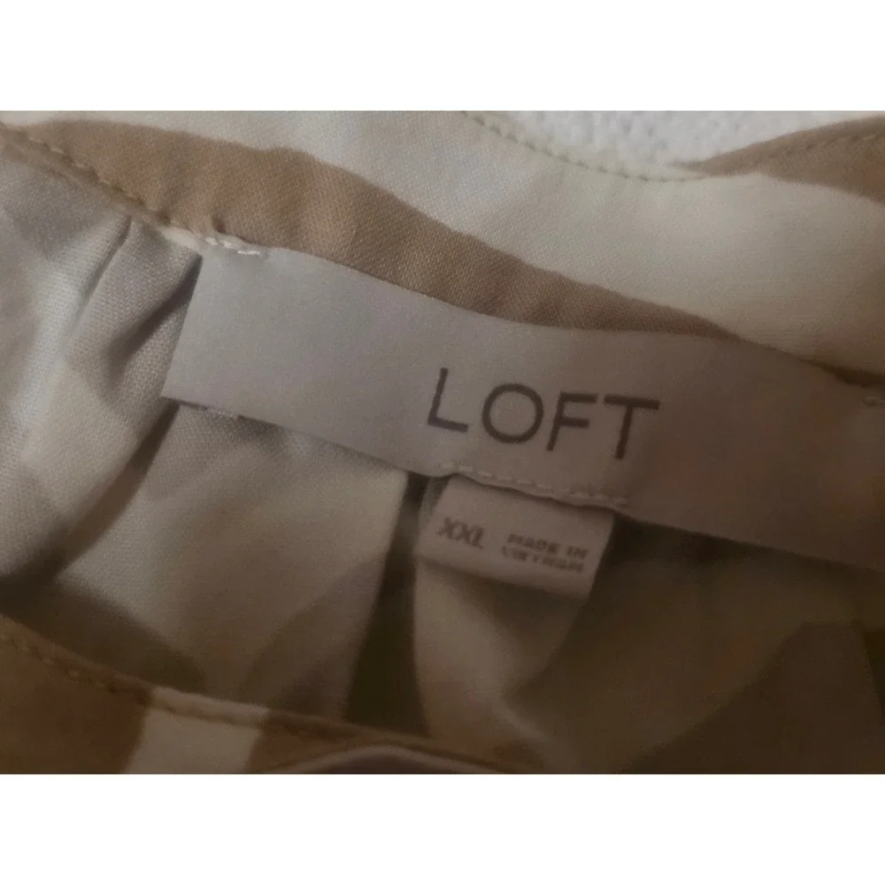 LOFT Tan White Zebra Print Puff Sleeve Tie Neck Blouse XXL